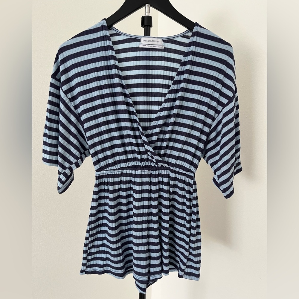 💙 Urban Outfitters Striped Ribbed Romper | Blue Oversized Dolman Surplice | XS